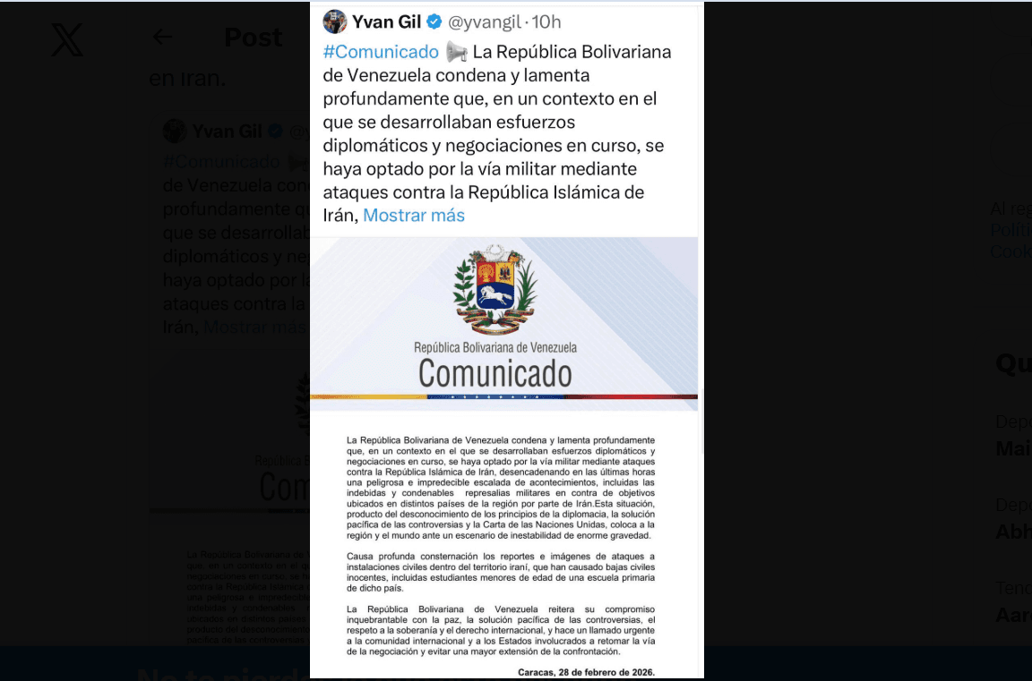 Canciller Yván Gil Retira Comunicado sobre Ataque de EE. UU. a Irán